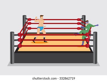 Wrestler dressed in costume fall back on the rope of wrestling ring after getting a punch from opponent. Vector illustration on wrestling sport entertainment industry.