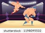 Wrestler fighters cartoon. Cartoon martial characters at ring funny action vector sport background. Illustration of wrestler fighter on ring, tradition costume wrestling