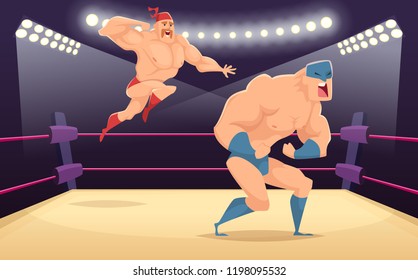 Wrestler fighters cartoon. Cartoon martial characters at ring funny action vector sport background. Illustration of wrestler fighter on ring, tradition costume wrestling