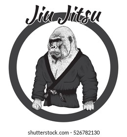 Wrestler gorilla dressed in kimono.Hand drawn style.Label for Jiu Jitsu