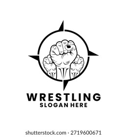 Mano del luchador con la Plantilla del Vector del diseño del logotipo de la brújula, icono del Vector del diseño del logotipo del club de los campeones de la lucha libre