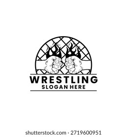 Mano del luchador con el fuego y la Plantilla del Vector del diseño del logotipo del círculo, icono del Vector del diseño del logotipo del fuego de la lucha libre