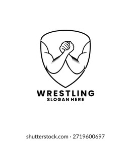 Mano de luchador con Plantilla de Vector de diseño de logotipo de escudo, Vector de diseño de logotipo deportivo de club de lucha libre