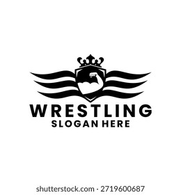 Plantilla de Vector de diseño de escudo y alas de rey luchador, deporte de club de lucha libre con escudo, alas abstractas y combinación de corona