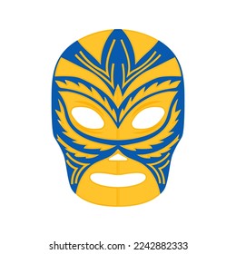 Wrestler luchador mask template. Wrestling suit item with yellow blue mexican tracery for extreme libre vector sport