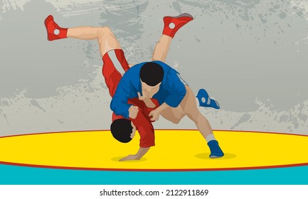 The wrestler makes a throw through the hip. Athletes in red and blue kimono. Russian national wrestling.