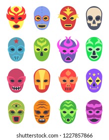 Wrestler masks. Mexican martial fighters sport clothes colored lucha libre masked vector collection