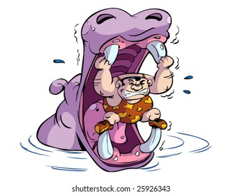 Wrestler in mouth of big hippo