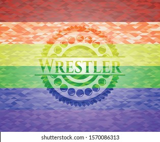 Wrestler on mosaic background with the colors of the LGBT flag