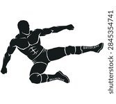 Wrestler performs a flying dropkick in mid air in this dynamic black silhouette vector graphic for sports logos combat games and martial arts