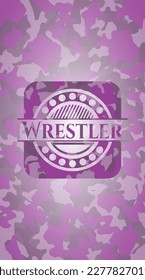 Wrestler pink and purple on camo pattern. Vector Illustration. Detailed. 