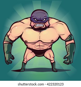 wrestler in pose, fighter, man, angry, fury, cartoon character, vector illustration