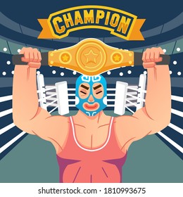 El luchador levanta la correa de la victoria en el anillo con letra campeona por encima de la ilustración vectorial. utilizado para afiches, imágenes web y otros