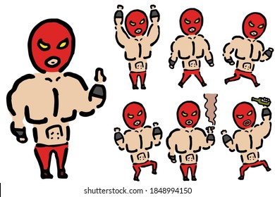  Wrestler Set: Hand drawn vector illustration like woodblock print