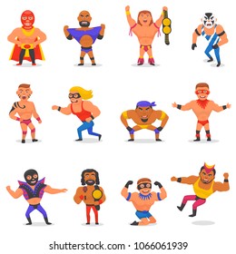 Wrestler vector masked man character and masking luchador in wrestling fight illustration set of wrestle sportsman in costume isolated on white background