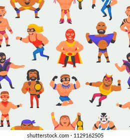 Wrestler vector masked man character and masking luchador in wrestling fight illustration set of wrestle sportsman in costume seamless pattern background