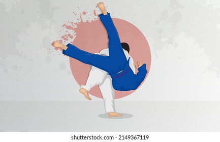 A wrestler in a white kimono makes a throw through the thigh of a wrestler in a blue kimono. Judo eastern wrestling.