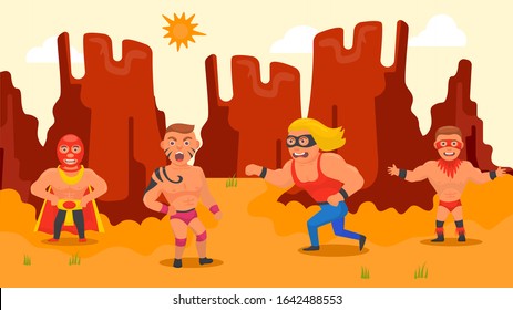 Wrestlers athlete men fights power sport competitions vector illustrator. Combative costumed masked lucha mexican western people in outdoors wrestling extreme battle. Cliffs, rocks desert background.