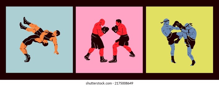 Wrestler, Boxer, Thai-Kämpfer. Boxen, Sport, Training, Kampfsport, gemischte Kämpfe, mma Konzept. Cartoon-Stil. Handgezeichnete moderne Vektorgrafiken. Logo, Druck, Poster, Design-Vorlagen