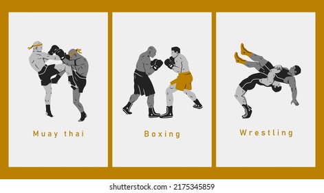 Wrestlers, boxers, muai thai fighters. Boxing, sports, workout, martial arts, mixed fight, mma concept. Cartoon style. Hand drawn modern Vector illustrations. Logo, print, poster, design templates