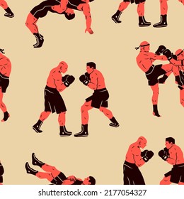 Wrestlers, boxers, muai thai fighters. Boxing, sports, workout, martial arts, mixed fight, mma concept. Cartoon style. Hand drawn modern Vector illustration. Square seamless Pattern