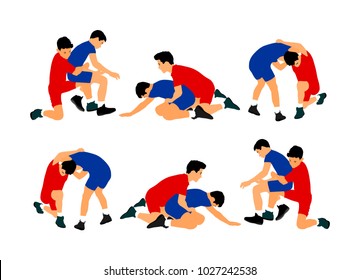 Wrestlers boys wrestling vector illustration isolated on white. Gymnastic martial art. Sport fighter school. Self defense skills.  Bully abused neighbor kid. Brothers hitting and punching.