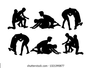 Wrestlers boys wrestling vector silhouette illustration isolated on white. Gymnastic martial art. Sport fighter school. Self defense skills.  Bully abused neighbor kid. Brothers hitting and punching.