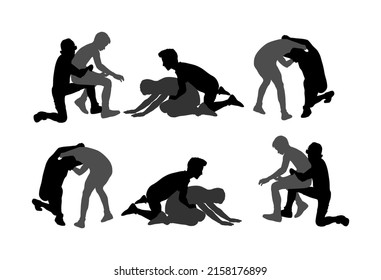 Wrestlers boys wrestling vector silhouette illustration isolated on white. Gymnastic martial art. Sport fighter school. Self defense skills.  Bully abused neighbor kid. Brothers hitting and punching.