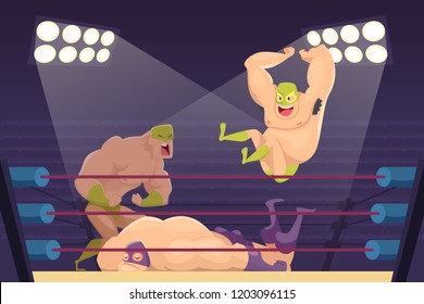 Wrestlers fighting. Sport cartoon mortal background with combat characters luchadors vector mascots. Illustration of wrestler sport on ring, fighting mortal combat