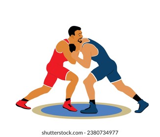 Wrestlers match competition, sports man wrestling vector illustration isolated on white. Gymnastic martial art. Fighter self defense skills. Wrestler game duel Greek Roman style of fight boy practice.