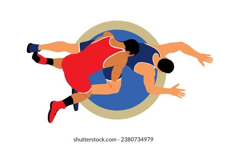 Wrestlers match competition, sports man wrestling vector illustration isolated on white. Gymnastic martial art. Fighter self defense skills. Wrestler game duel Greek Roman style of fight boy practice.