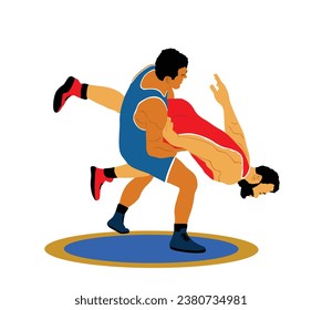 Wrestlers match competition, sports man wrestling vector illustration isolated on white. Gymnastic martial art. Fighter self defense skills. Wrestler game duel Greek Roman style of fight boy practice.