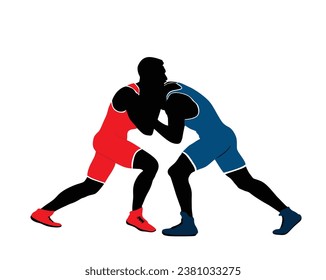 Wrestlers match competition, sports man wrestling vector silhouette illustration isolated on white. Gymnastic martial art. Fighter self defense skills. Wrestler game duel Greek Roman style of fight.