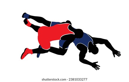 Wrestlers match competition, sports man wrestling vector silhouette illustration isolated on white. Gymnastic martial art. Fighter self defense skills. Wrestler game duel Greek Roman style of fight.