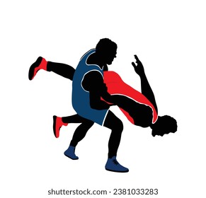 Wrestlers match competition, sports man wrestling vector silhouette illustration isolated on white. Gymnastic martial art. Fighter self defense skills. Wrestler game duel Greek Roman style of fight.