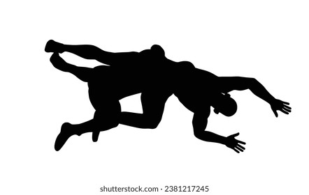 Wrestlers match competition, sports man wrestling vector silhouette illustration isolated on white. Gymnastic martial art. Fighter self defense skills. Wrestler game duel Greek Roman style of fight.