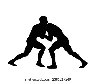 Wrestlers match competition, sports man wrestling vector silhouette illustration isolated on white. Gymnastic martial art. Fighter self defense skills. Wrestler game duel Greek Roman style of fight.