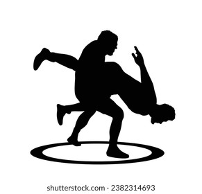 Wrestlers match competition, sports man wrestling vector silhouette illustration isolated on white. Gymnastic martial art. Fighter self defense skills. Wrestler game duel Greek Roman style of fight.