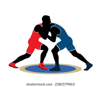 Wrestlers match competition, sports man wrestling vector silhouette illustration isolated on white. Gymnastic martial art. Fighter self defense skills. Wrestler game duel Greek Roman style of fight.