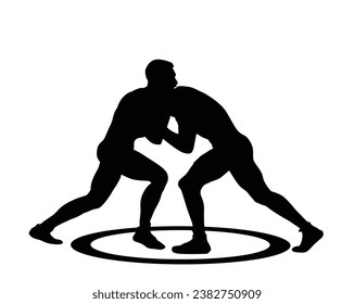 Wrestlers match competition, sports man wrestling vector silhouette illustration isolated on white. Gymnastic martial art. Fighter self defense skills. Wrestler game duel Greek Roman style of fight.