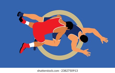 Wrestlers match competition, sports man wrestling vector illustration isolated. Gymnastic martial art. Fighter self defense skills. Wrestler game duel Greek Roman style of fight boy practice.