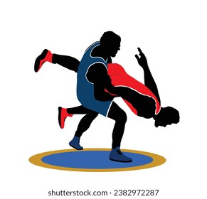 Wrestlers match competition, sports man wrestling vector silhouette illustration isolated on white. Gymnastic martial art. Fighter self defense skills. Wrestler game duel Greek Roman style of fight.