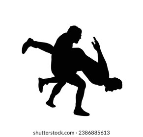 Wrestlers match competition, sports man wrestling vector silhouette illustration isolated on white. Gymnastic martial art. Fighter self defense skills. Wrestler game duel Greek Roman style of fight.