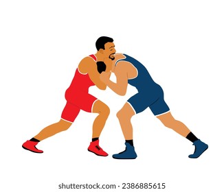 Wrestlers match competition, sports man wrestling vector illustration isolated on white. Gymnastic martial art. Fighter self defense skills. Wrestler game duel Greek Roman style of fight boy practice.