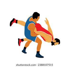 Wrestlers match competition, sports man wrestling vector illustration isolated on white. Gymnastic martial art. Fighter self defense skills. Wrestler game duel Greek Roman style of fight boy practice.