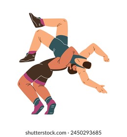 Wrestlers in mid-action, executing a complex grappling technique. The vector illustration highlights the athletic skill and dynamic motion of the sport.