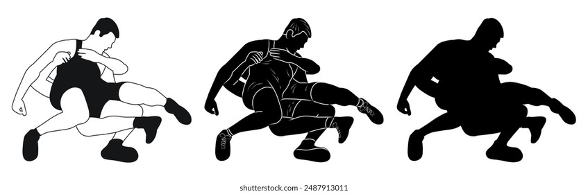 Wrestlers in a prone position after a blow, Greco Roman wrestling, duel, silhouette sketch