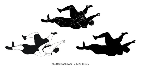 Wrestlers in a prone position after a blow, Greco Roman wrestling, duel, silhouette sketch