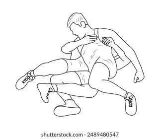 Wrestlers in a prone position, Greco Roman wrestling, duel, sketch outline