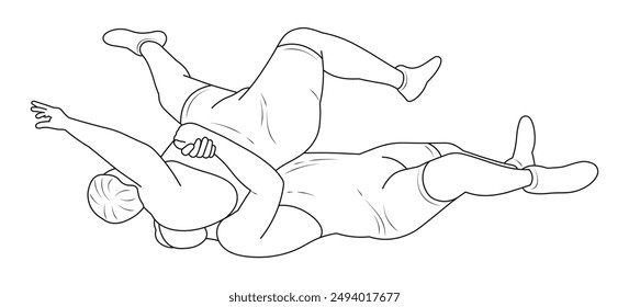 Wrestlers in a prone position, Greco Roman wrestling, duel, sketch outline